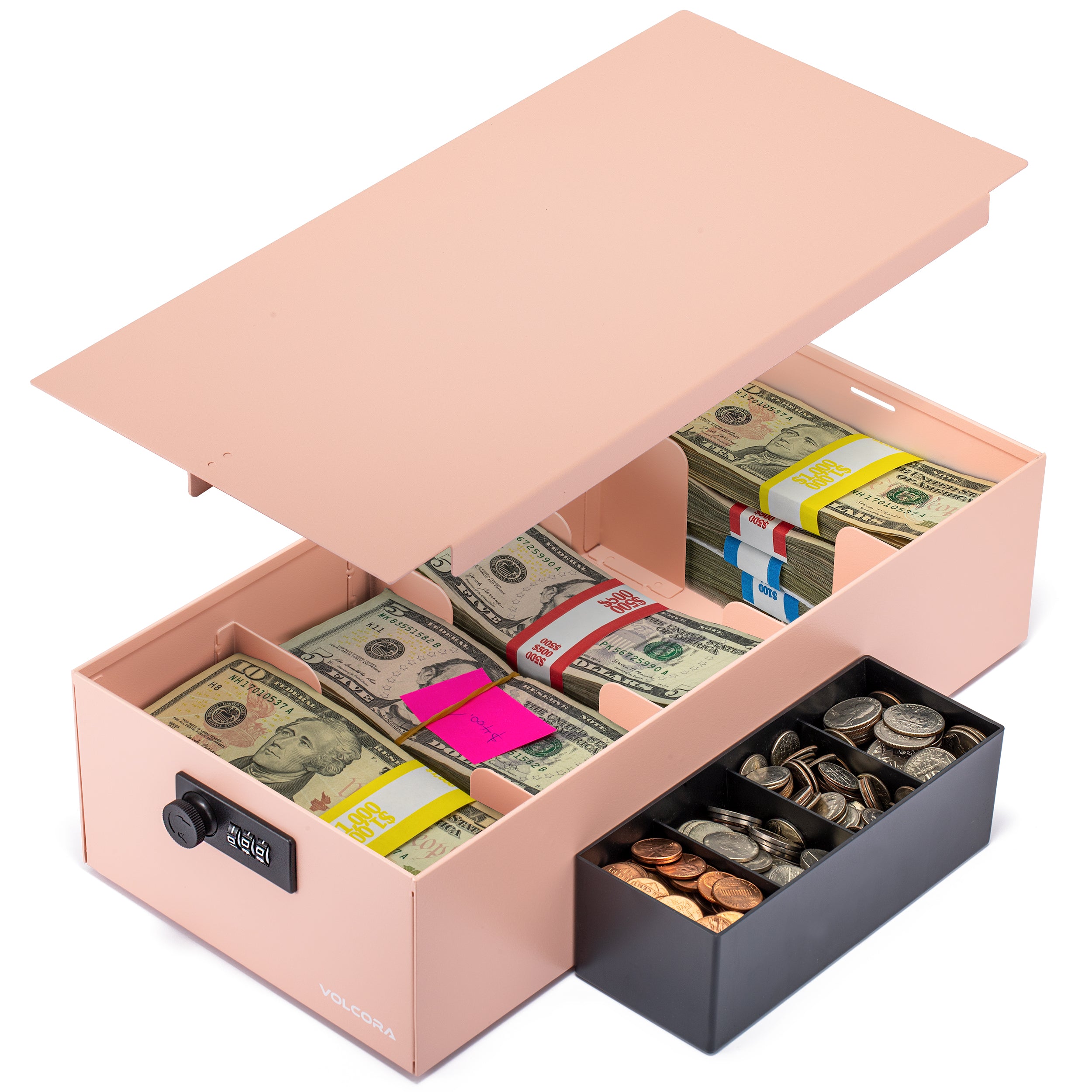Volcora 5 Compartment Cash Lock Box with Coin Tray - Pink