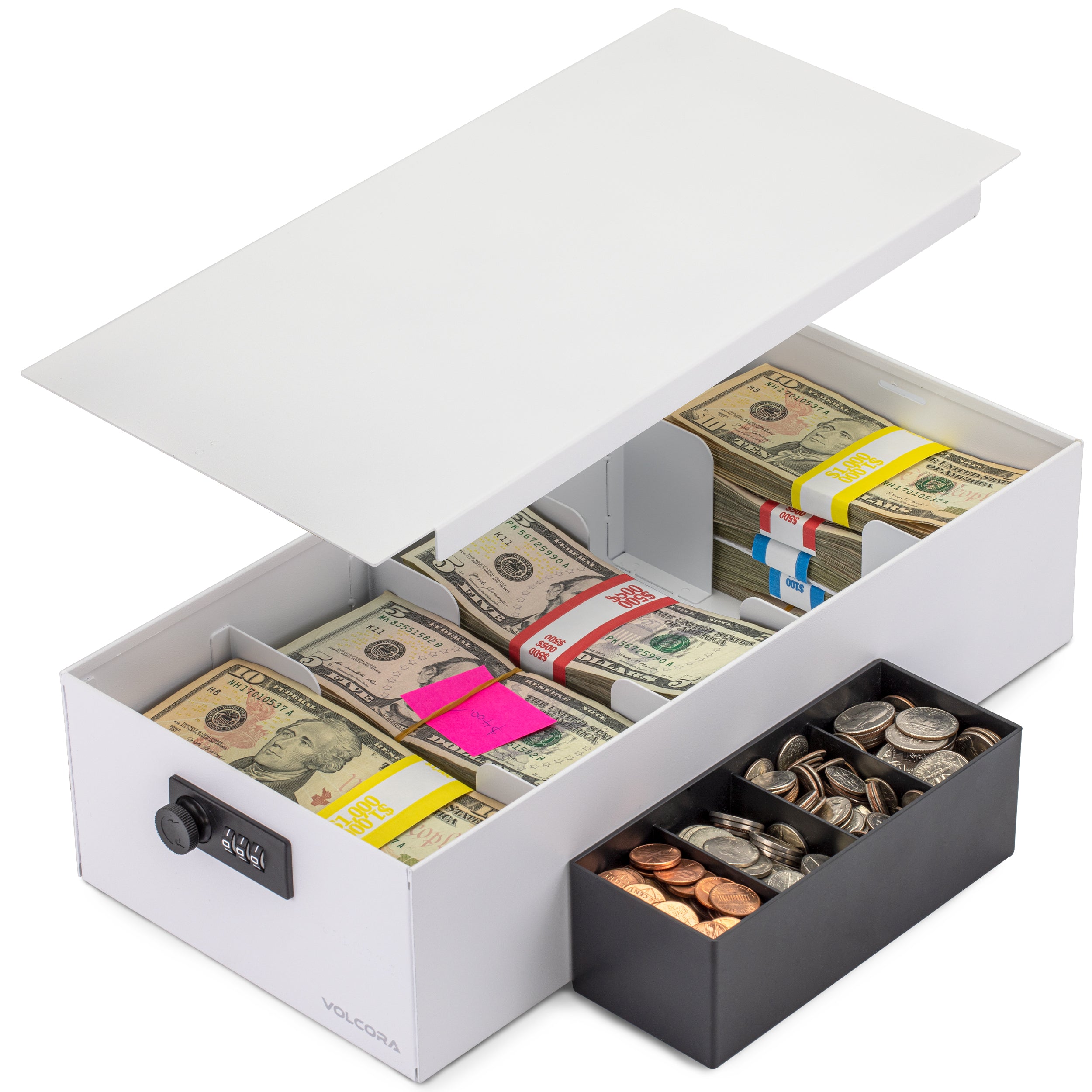 Volcora 5 Compartment Cash Lock Box with Coin Tray - White