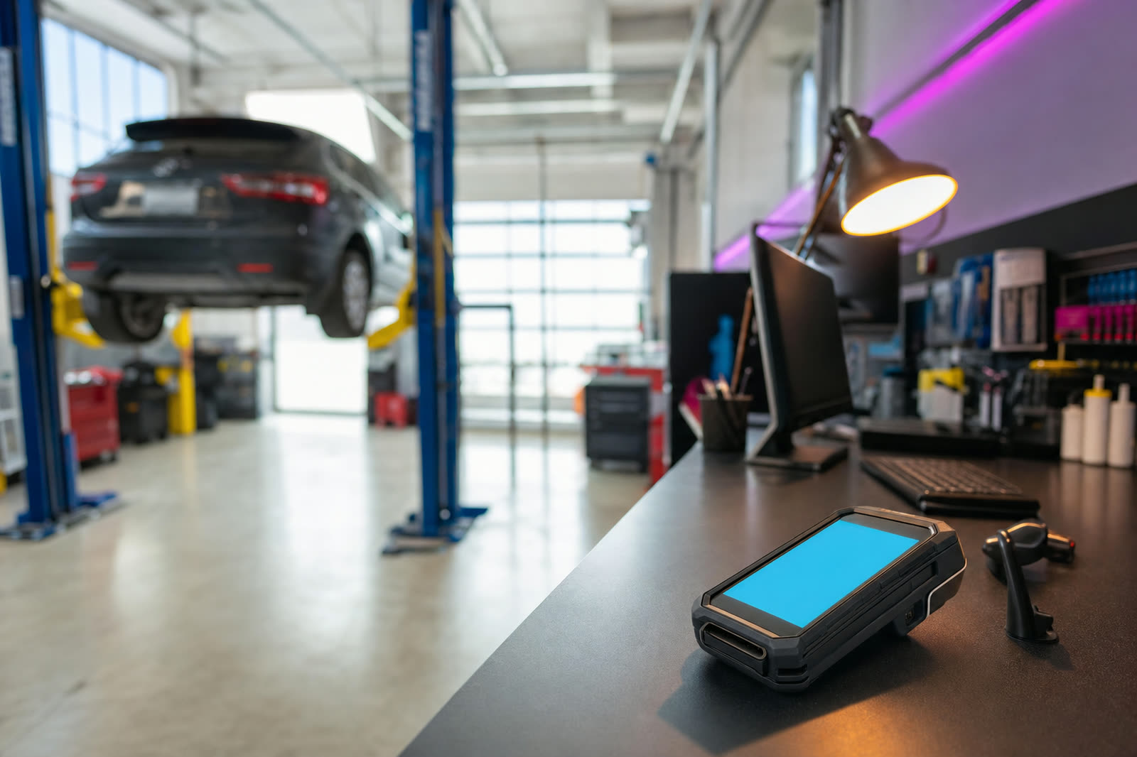 Auto repair shop service counter with rugged card terminal