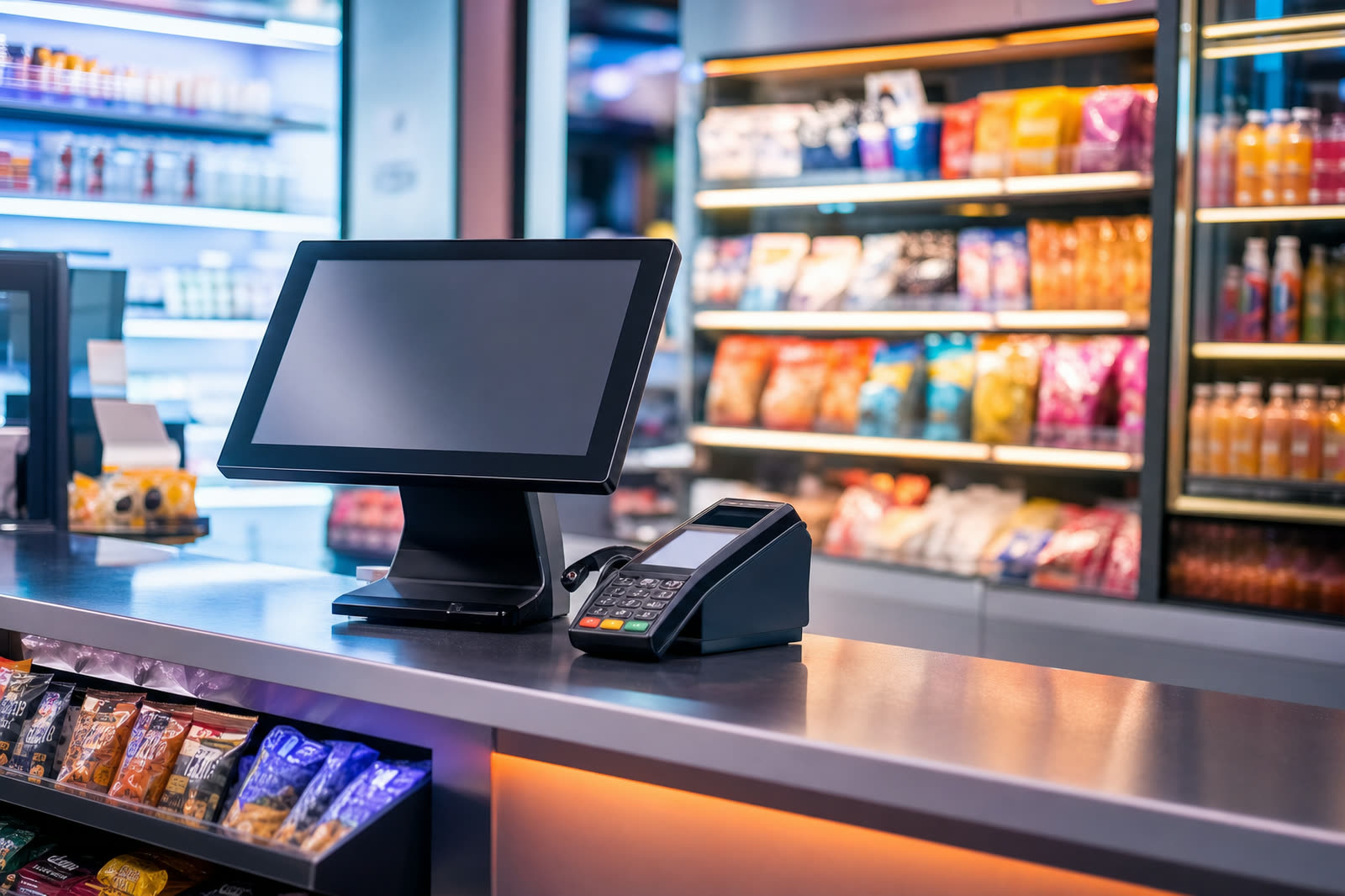 Convenience store checkout counter with touchscreen POS
