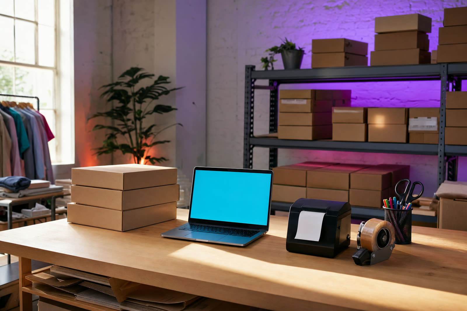 Small e-commerce packing station with boxes and laptop