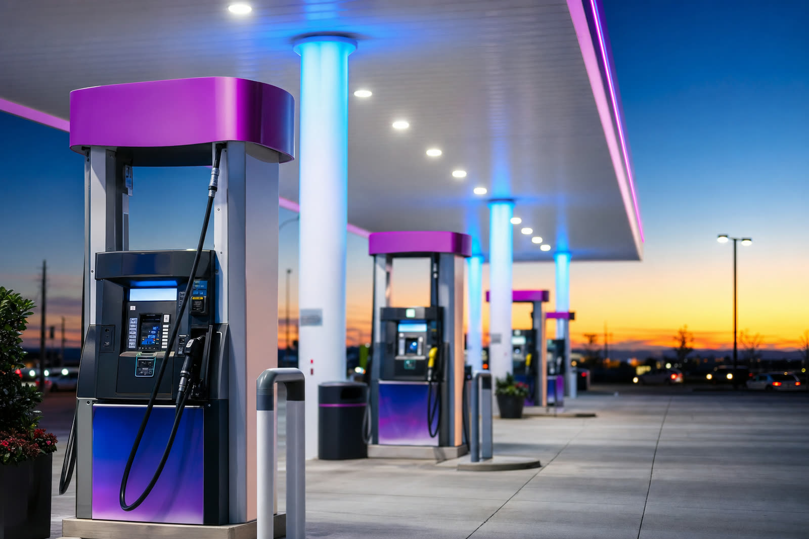 Fuel station forecourt lit at dusk