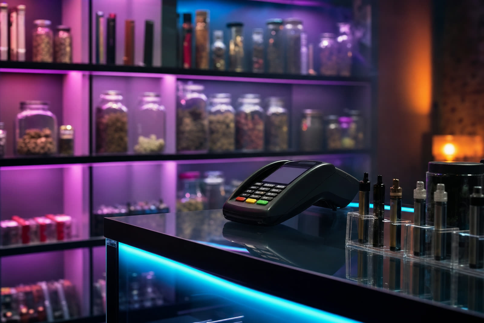 Smoke shop counter with card terminal at night